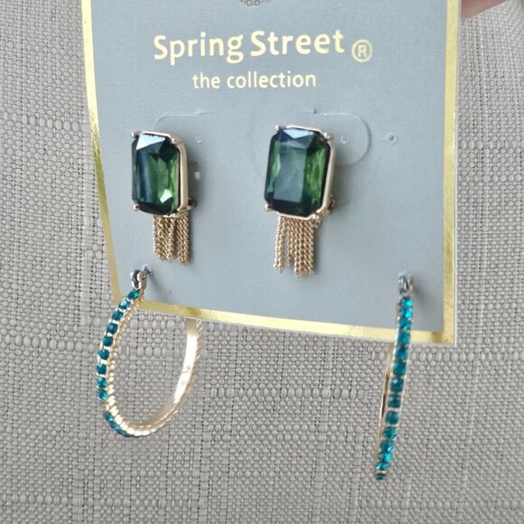 Spring Street Earrings Set of 2 Earrings Stud and Hoop Green Tone Jewelry - Picture 4 of 12